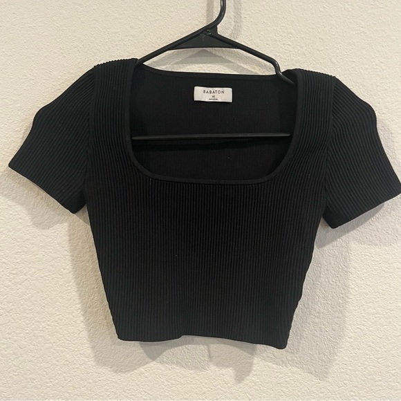 Aritzia Babaton black ribbed cropped xxsmall top figure hugging - Picture 1 of 7